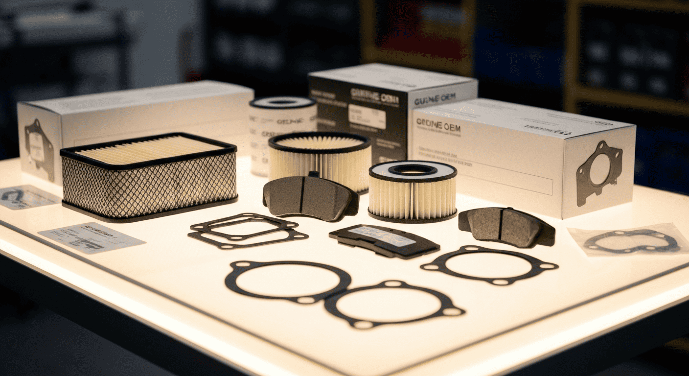 חלפים מקוריים לרכב מסודרים על שולחן עבודה