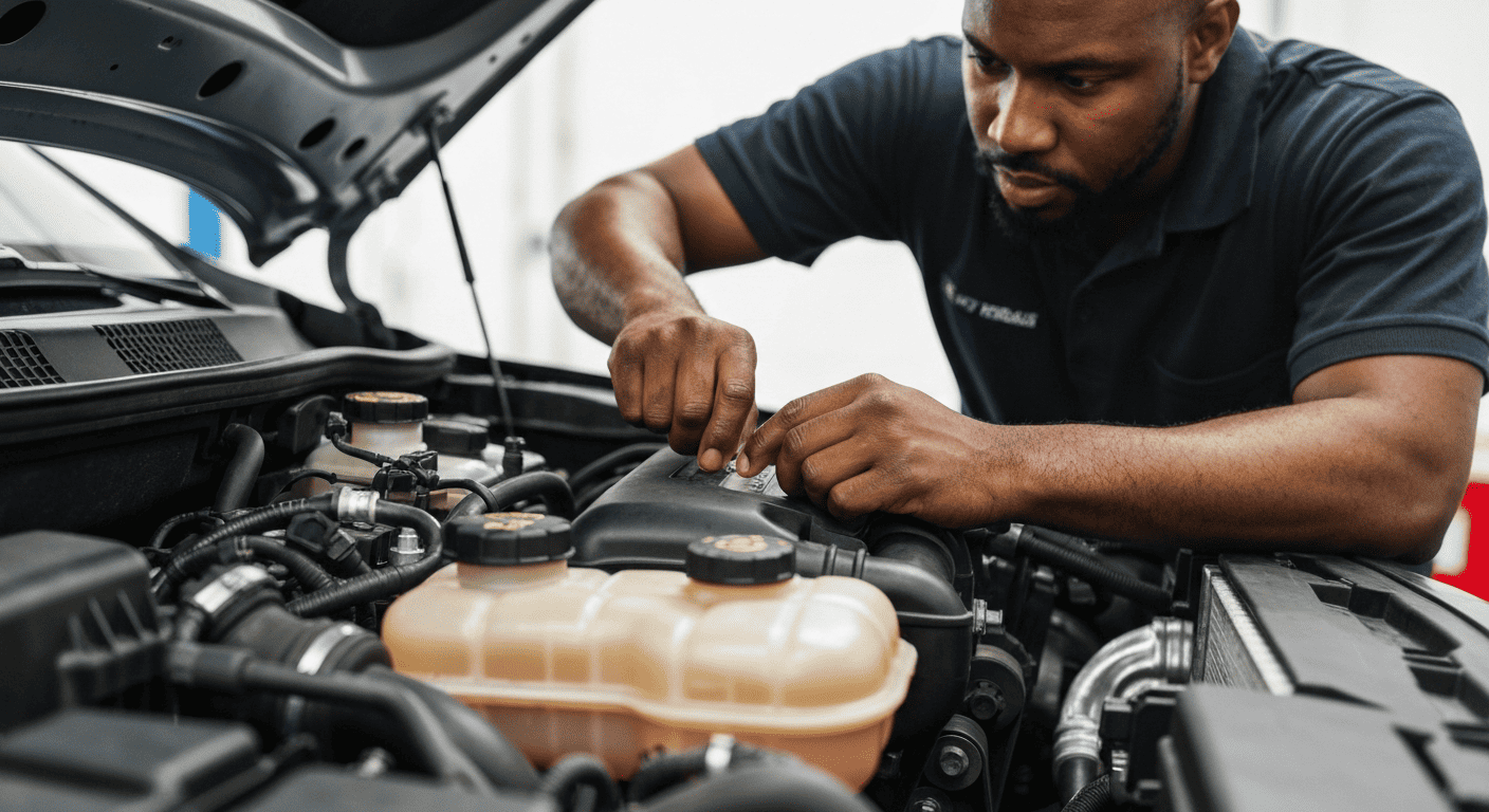 מכונאי בודק את תא המנוע של רכב